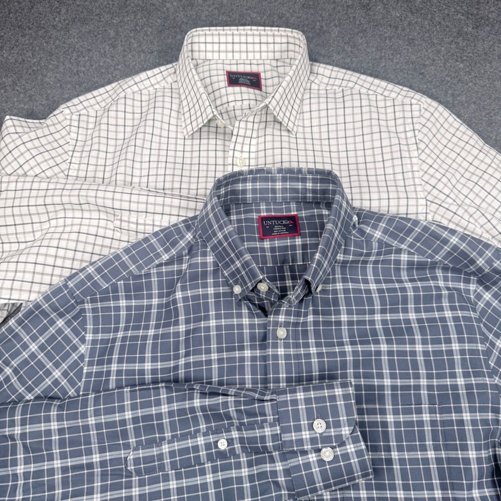 Lot of 2 UNTUCKit Mens Small Wrinkle Free Plaid Button Down Shirts Blue Grey
